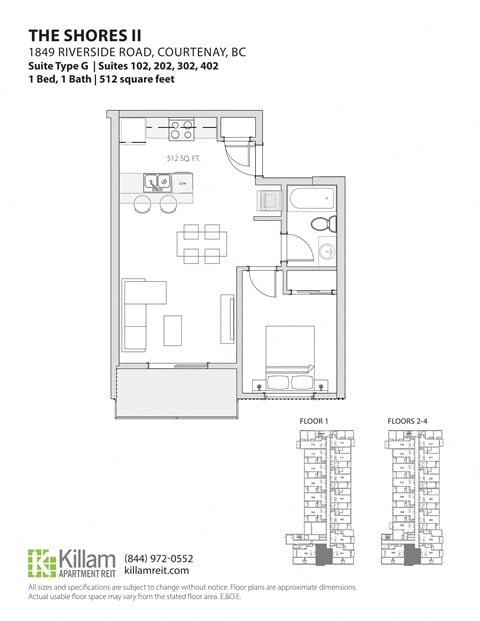 Floor plan for 1 bed, 1 bath, 585 sqft